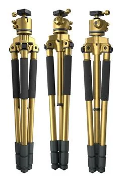 Set of foldable camera tripods in black, gold, and silver colors isolated on  Stock Illustration