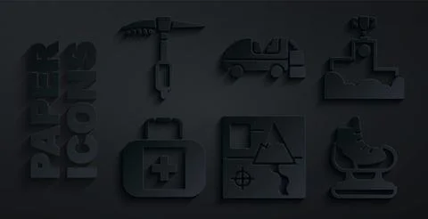 Set Folded map, Award winner podium, First aid kit, Skates, Ice resurfacer .. Stock Illustration