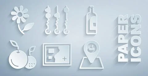 Set Folded map, Bottle of wine, Fruit, Picnic location, Grilled shish kebab.. Ilustração Stock