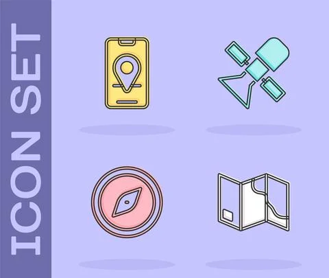 Set Folded map, City navigation, Compass and Satellite icon. Vector 스톡 일러스트