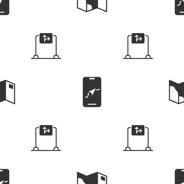 Set Folded map, City navigation and Road traffic sign on seamless pattern Illustrazione stock