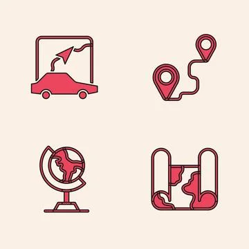 Set Folded map, City navigation, Route location and Earth globe icon. Vector Stock Illustration