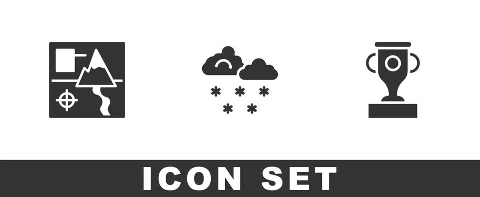Set Folded map, Cloud with snow and Award cup icon. Vector Illustrazione stock