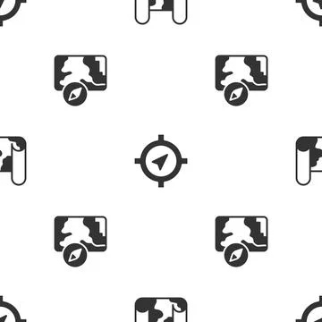 Set Folded map, Compass and City navigation on seamless pattern. Vector Stock Illustration