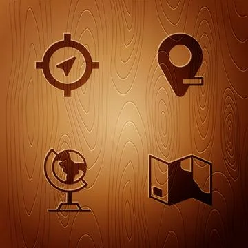 Set Folded map, Compass, Earth globe and Location on wooden background. Vector 스톡 일러스트
