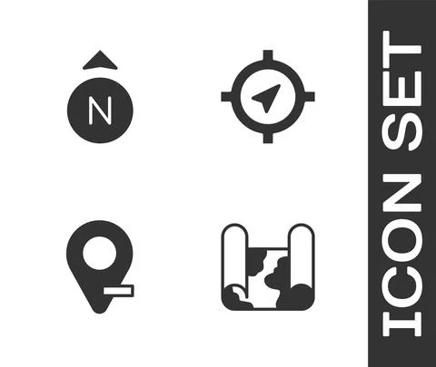 Set Folded map, Compass, Location and  icon. Vector 스톡 일러스트