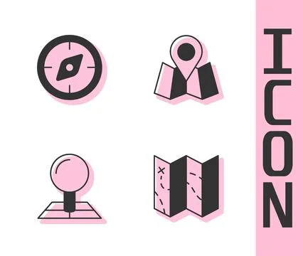 Set Folded map, Compass, with location marker and icon. Vector Stock Illustration