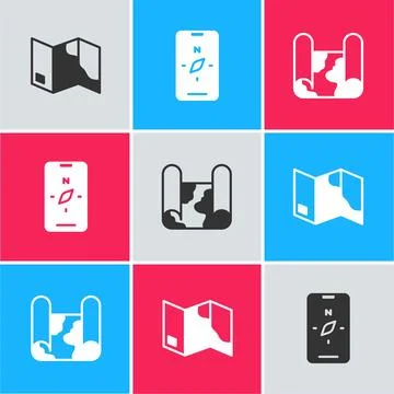 Set Folded map, Compass on mobile and icon. Vector Illustrazione stock