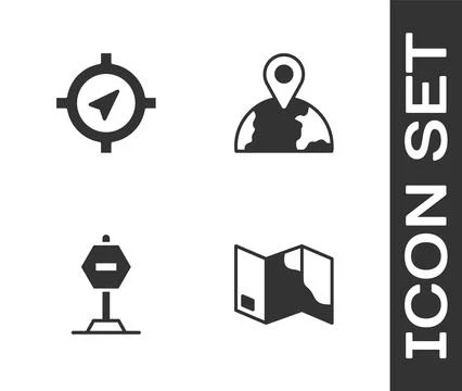 Set Folded map, Compass, Stop sign and Location on the globe icon. Vector Stock Illustration