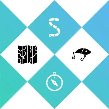 Set Folded map, Compass, Worm and Fishing lure icon. Vector Illustrazione stock