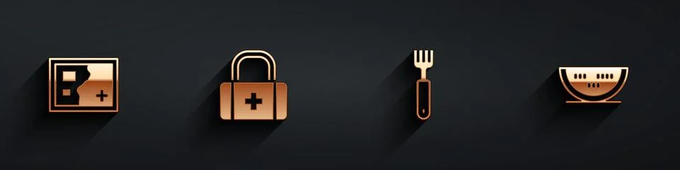 Set Folded map, First aid kit, Fork and Watermelon icon with long shadow. V.. Stock Illustration