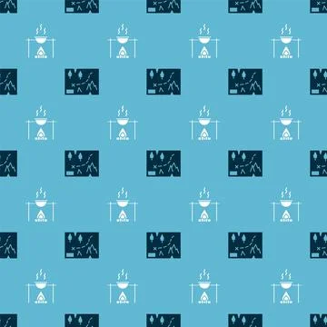 Set Folded map with location and Campfire and pot on seamless pattern. Vector Illustrazione stock