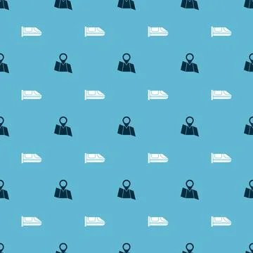 Set Folded map with location and High-speed train on seamless pattern. Vector Stock Illustration