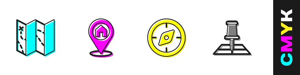 Set Folded map, Location with house, Compass and location marker icon. Vector Illustrazione stock