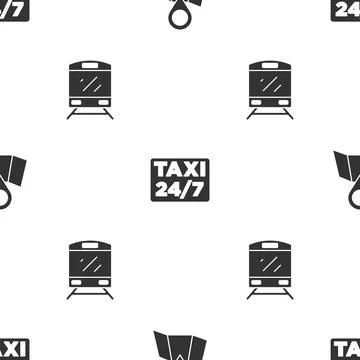 Set Folded map with location, Location taxi and Train on seamless pattern. .. Illustrazione stock