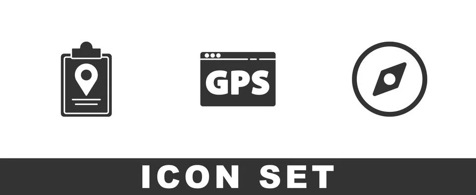 Set Folded map with location marker, Gps device and Compass icon. Vector Stock Illustration