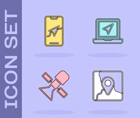 Set Folded map with location marker, City navigation, Satellite and Laptop icon Stock Illustration