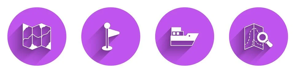 Set Folded map, Location marker, Ship line path and Search location icon with Stock Illustration