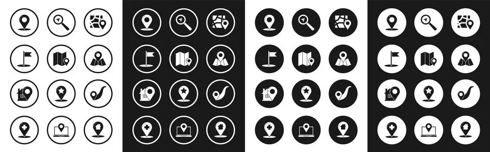 Set Folded map with location marker, Flag, Map pin, Search, Route and pointer Stock Illustration