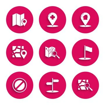 Set Folded map with location marker, Road traffic sign, Flag, Stop, Map pointer Illustrazione stock