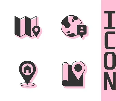 Set Folded map with location marker, Location house and the globe icon. Vector Illustrazione stock