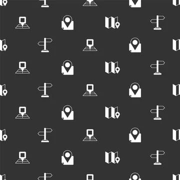 Set Folded map with location marker, Road traffic sign, and on seamless pattern Illustrazione stock