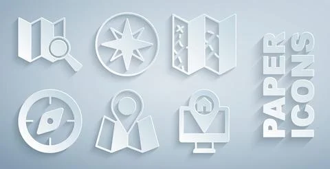 Set Folded map with location marker, Compass, Monitor, Wind rose and Search icon Stock Illustration