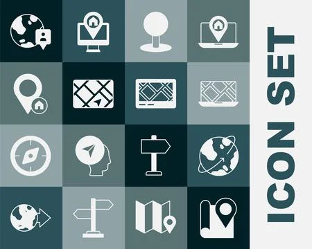 Set Folded map with location marker, Satellites orbiting the Earth, City navi Stock Illustration