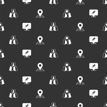 Set Folded map with location marker, Push pin,  and  on seamless pattern. Vec Illustrazione stock
