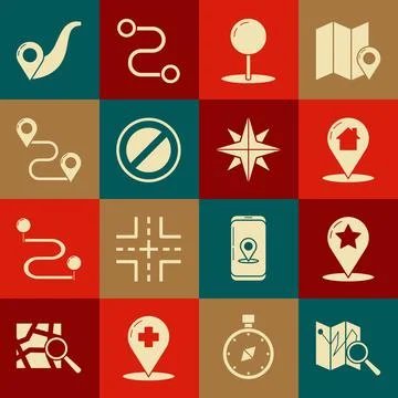 Set Folded map with location marker, Map pointer star, house, Push pin, Stop Stock Illustration