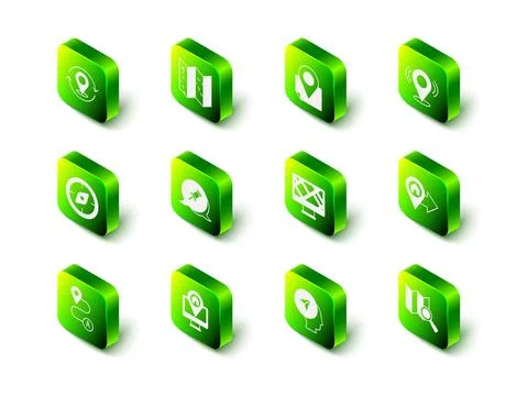 Set Folded map, with location marker, Map pin, Location house, Search, Monitor Stock Illustration