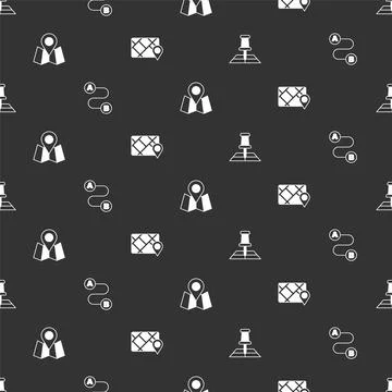 Set Folded map with location marker Route and Gps device on seamless pattern. Stock Illustration