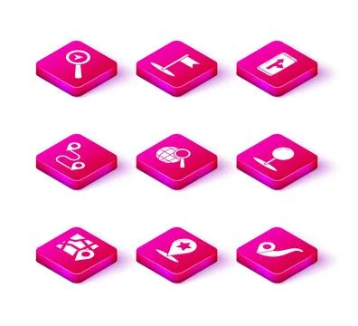 Set Folded map with location marker, Map pointer star, Route, Magnifying gl.. 스톡 일러스트
