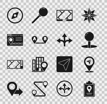 Set Folded map with location marker, Location, Push pin, Gps device, Route,.. Stock Illustration