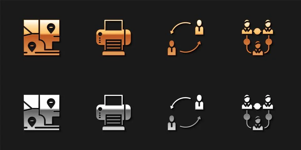 Set Folded map with location, Printer, Human resources and Project team base Illustrazione stock