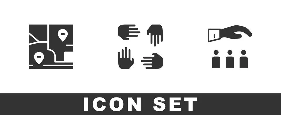 Set Folded map with location, Project team base and Boss employee icon. Vector Illustrazione stock