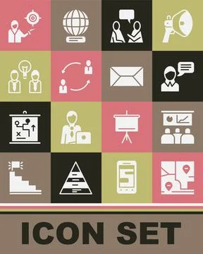 Set Folded map with location, Training, presentation, Speech bubble chat, Two Stock Illustration