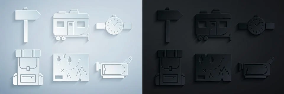 Set Folded map with location, Wrist watch, Hiking backpack, Cinema camera, .. Stock Illustration