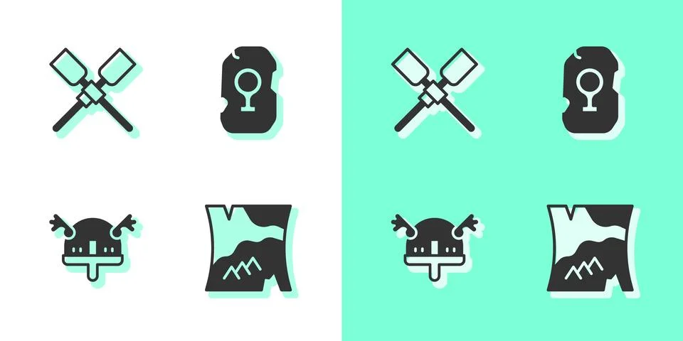 Set Folded map, Oars or paddles boat, Viking in horned helmet and Magic run.. Stock Illustration