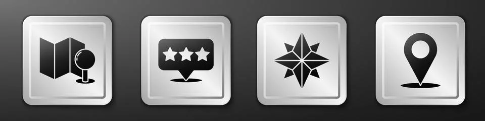 Set Folded map with push pin, Map pointer with star, Wind rose and Location icon Stock Illustration