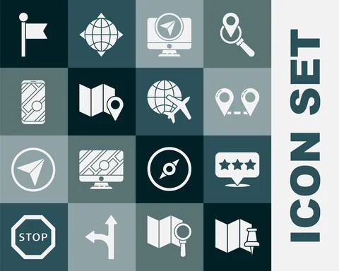 Set Folded map with push pin, Map pointer star, Route location, Monitor marker Illustrazione stock