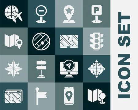 Set Folded map with push pin, World globe compass, Traffic light, Map pointer Stock Illustration