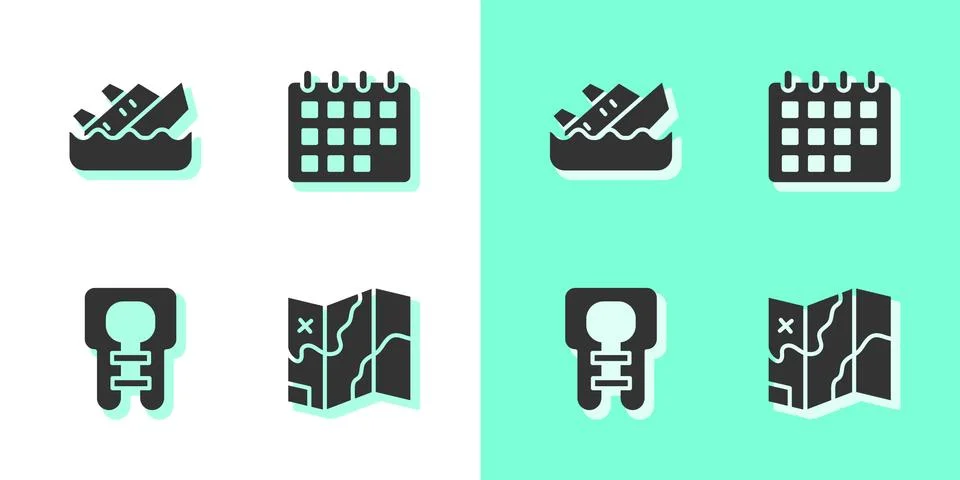 Set Folded map, Sinking cruise ship, Life jacket and Calendar icon. Vector Stockillustratie