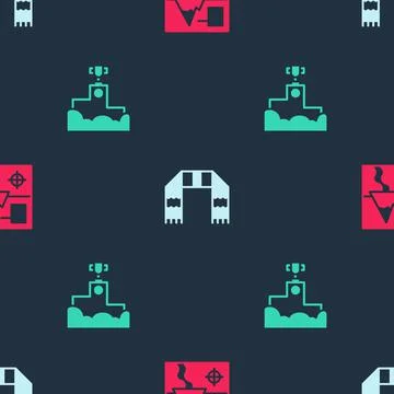 Set Folded map, Winter scarf and Award winner podium on seamless pattern. Vector Stock Illustration