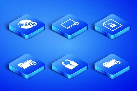 Set Folder and lock, CD or DVD disk with, Broken cracked, , Laptop and Document Illustrazione stock