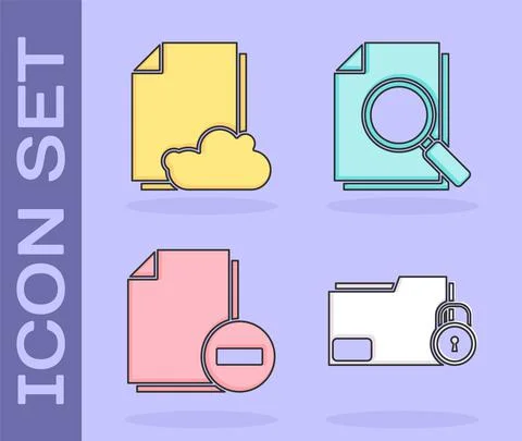 Set Folder and lock, Cloud storage text document, Document with minus and 库存插图