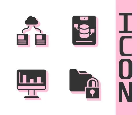 Set Folder and lock, Cloud technology data transfer, Monitor with graph chart Stock Illustration
