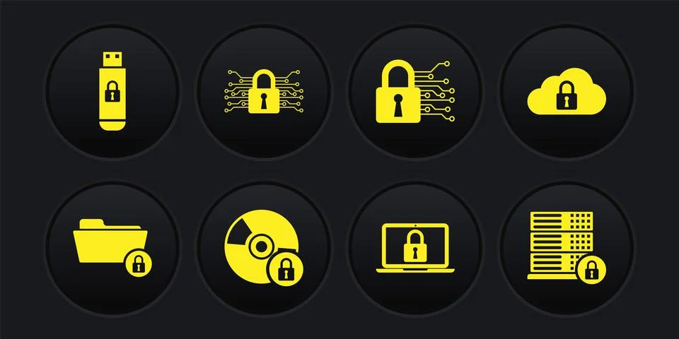 Set Folder and lock, Cloud computing, CD or DVD disk with, Laptop, Cyber 스톡 일러스트