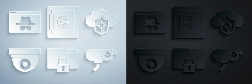 Set Folder and lock, Cloud shield, Security camera, Safe and Browser incognito Illustrazione stock