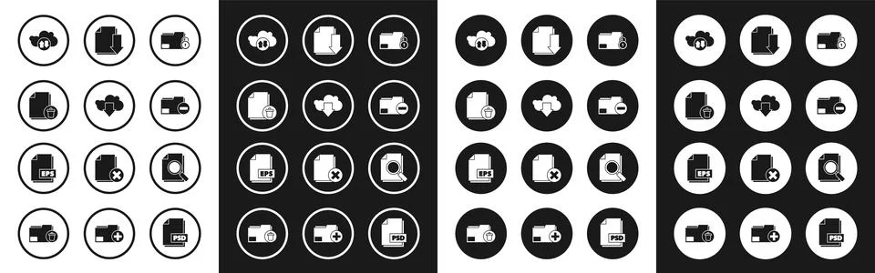 Set Folder and lock, Cloud download, Delete file document, upload, Document.. Illustrazione stock